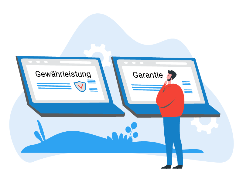 Zwei Notebooks zeigen verschiedene Wörter: Gewährleistung und Garantie. Ein Mann macht sich Gedanken darüber, was der Unterschied für gebrauchte Notebooks zwischen diesen Begriffen ist.